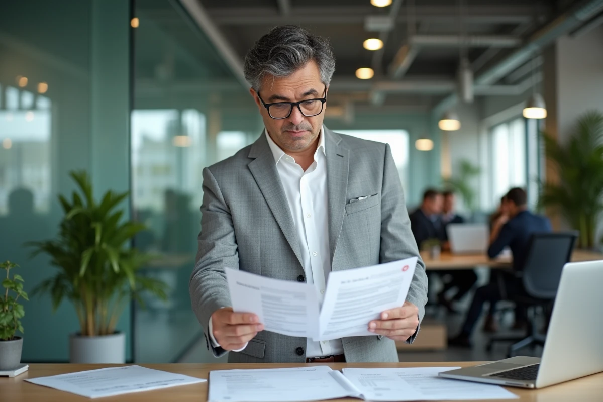 Homme professionnel comparant des formulaires administratifs invalidés dans un bureau en open space moderne