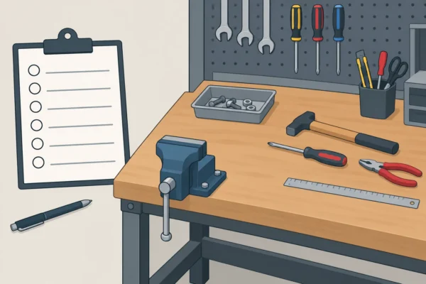 Table de travail avec un étau, outils posés, et une pince multitalente; sur le mur, des clés et tournevis suspendus, et un