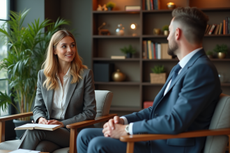 Femme élégante en réunion avec un homme dans un bureau moderne