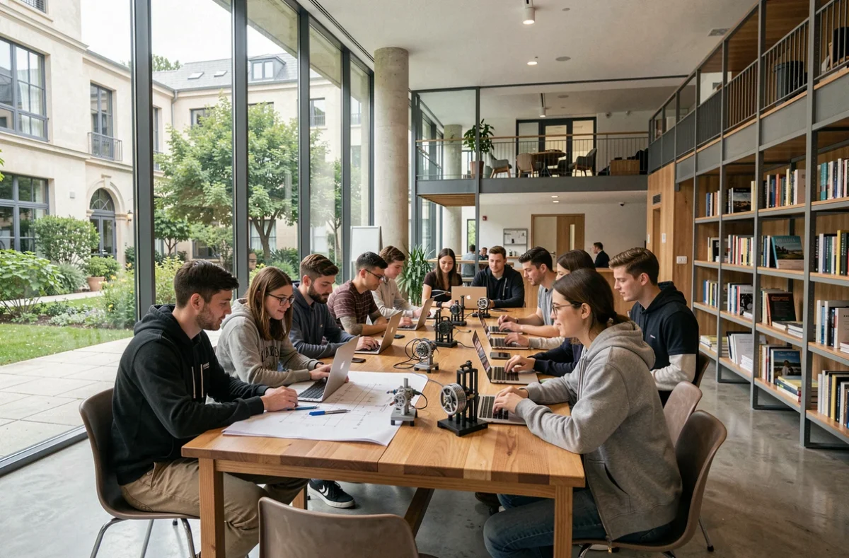 Étudiants en école d'ingénieurs dans le Rhône collaborant autour de projets techniques dans un espace moderne de campus universitaire