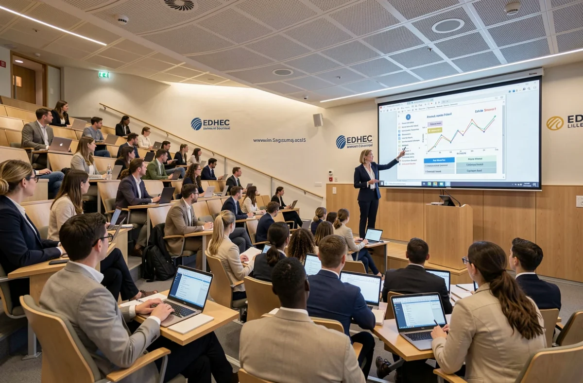 Salle de cours de l'EDHEC Business School à Lille avec une professeure et des étudiants en master