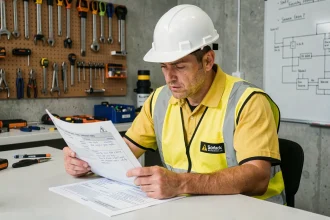 Électricien débutant étudiant un manuel d'habilitation électrique dans une salle de formation professionnelle