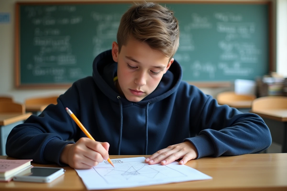 Élève au bureau calculant le volume en litre d'un cylindre sur du papier quadrillé