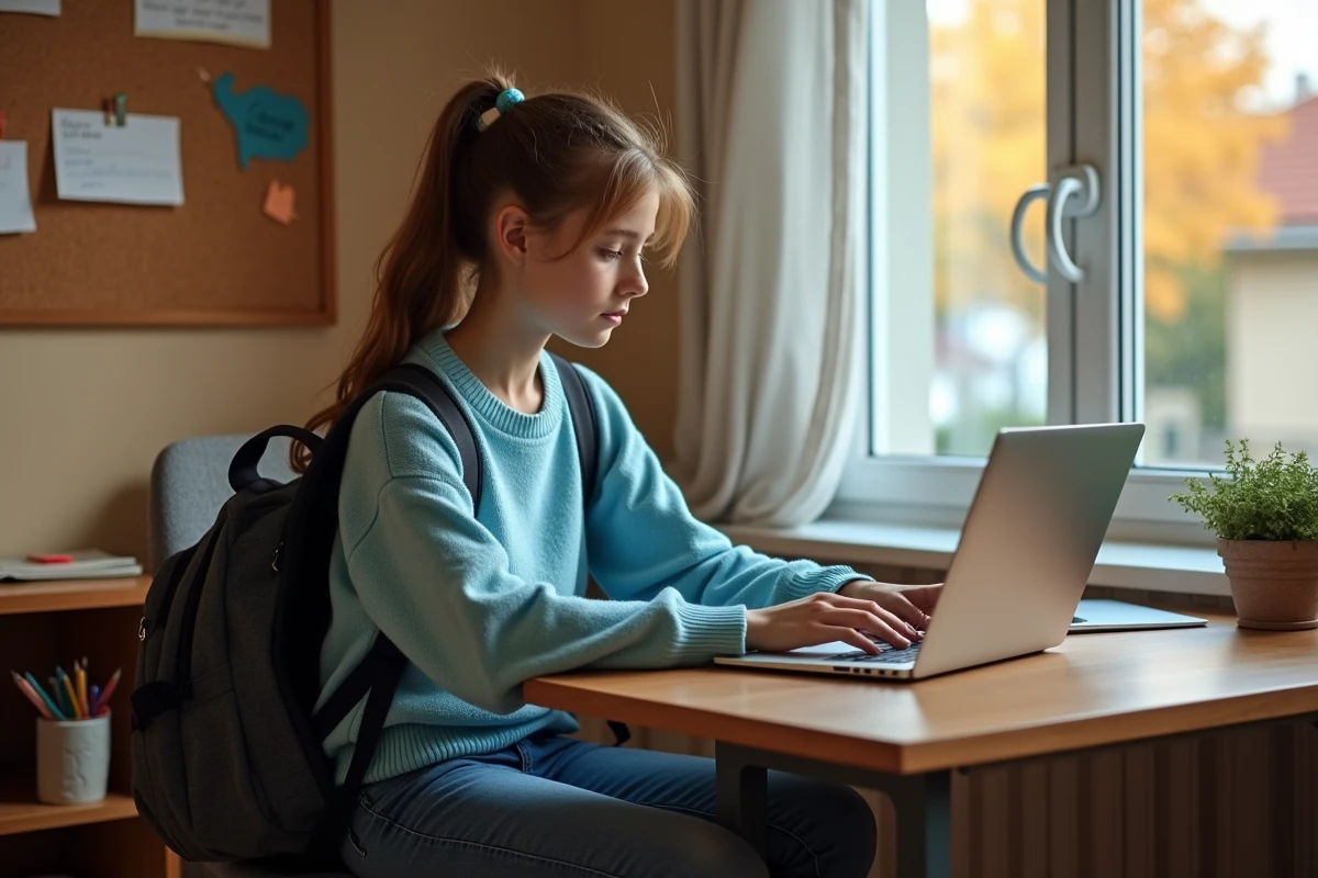 Collégienne connectée à l'ENT Le Havre Normandie sur un ordinateur portable à son bureau avant la rentrée scolaire