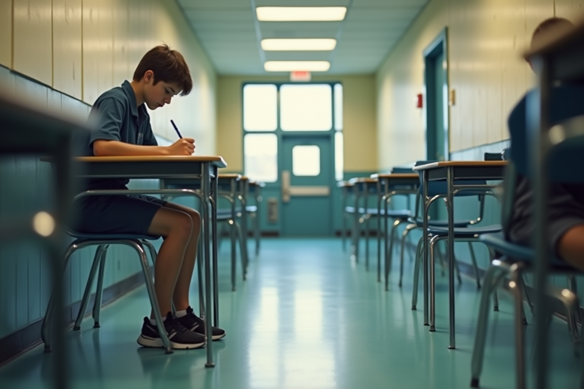 Adolescent concentré prenant des notes dans le couloir