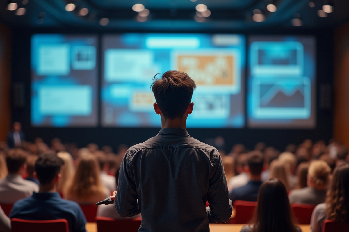 Etudiant confiant donnant une présentation en salle de conférence