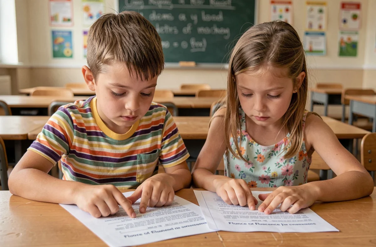 Deux élèves de CE1 lisant un texte de fluence imprimé à leur bureau en classe