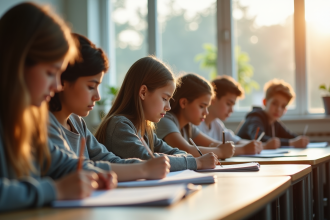 Jeunes lycéens en étude dans une salle lumineuse