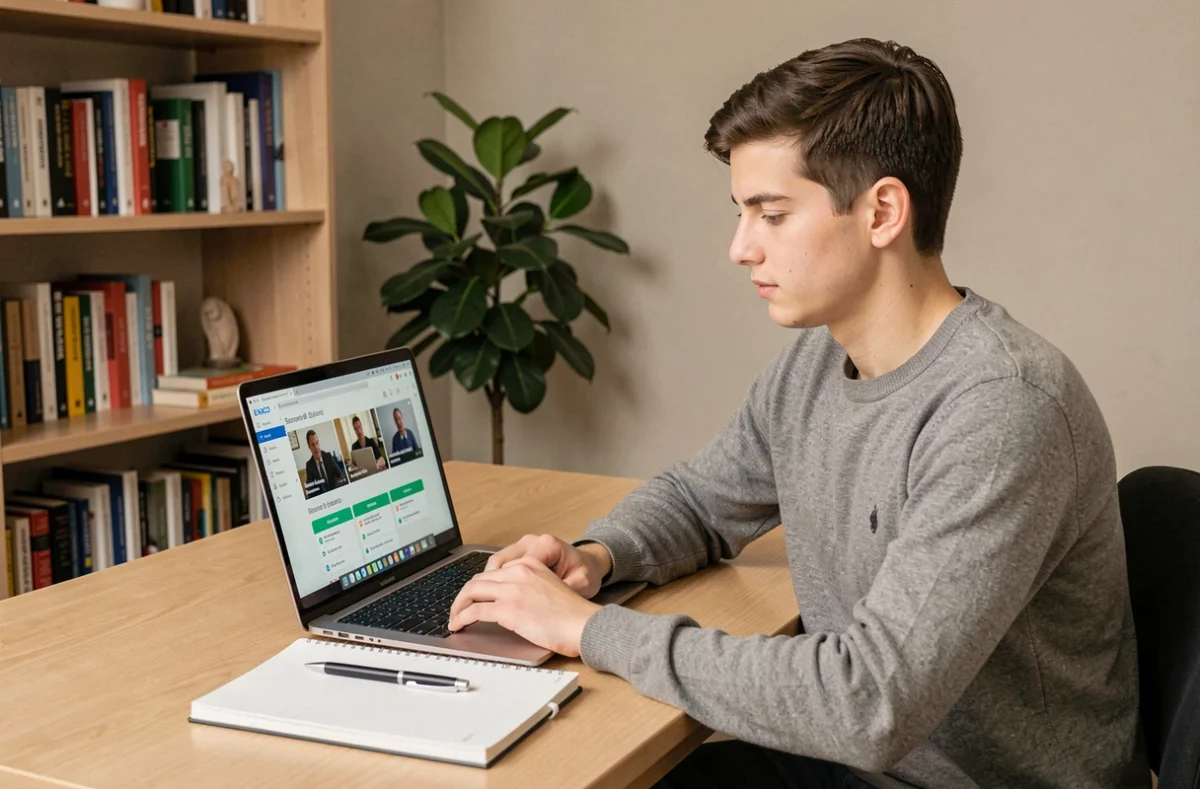 Étudiant suivant une formation à distance ENACO depuis son bureau à domicile sur un ordinateur portable