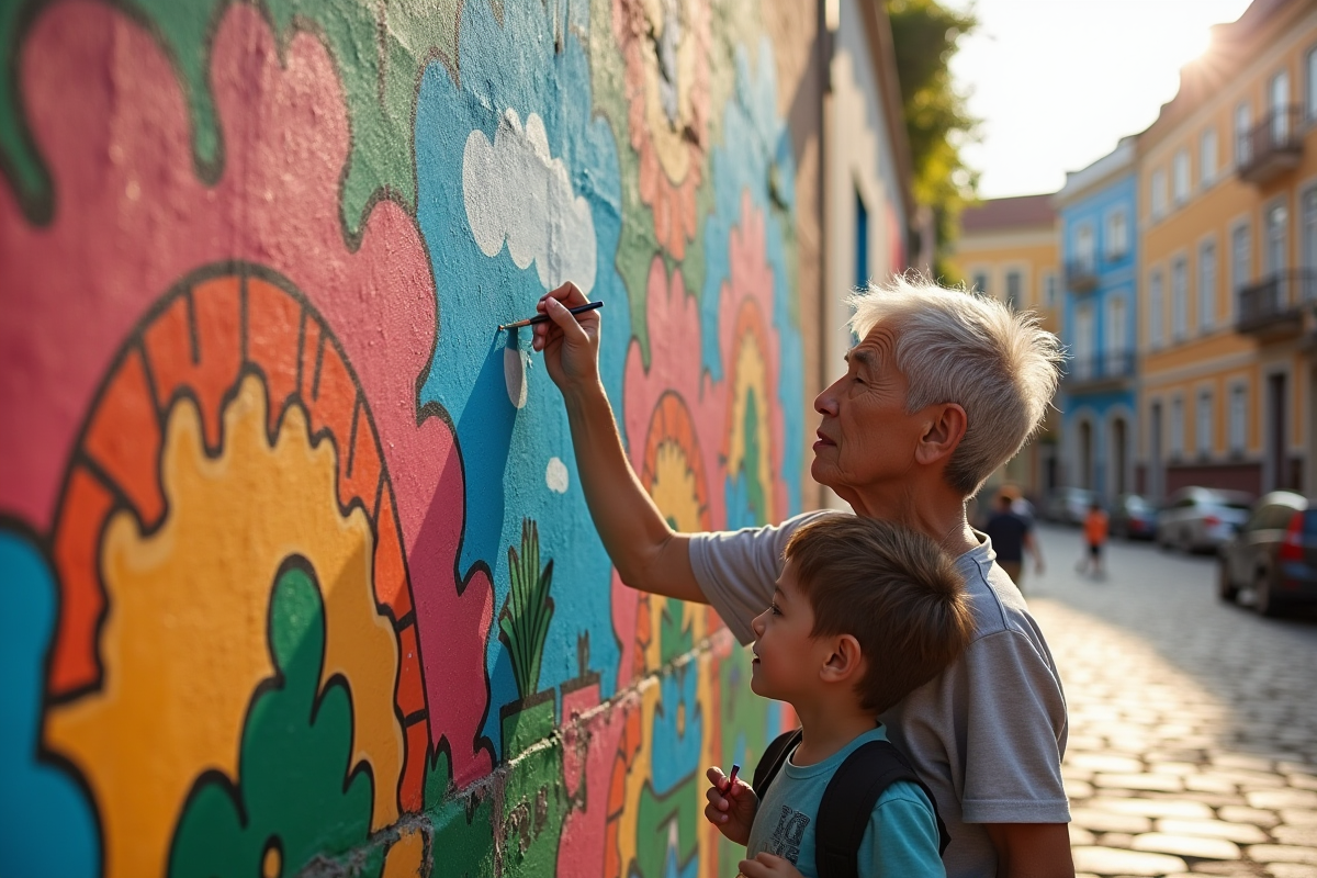 Enfant et personne âgée créant un mural coloré