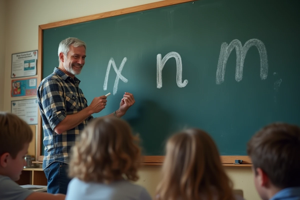 Professeur dessinant la lettre ñ au tableau en classe