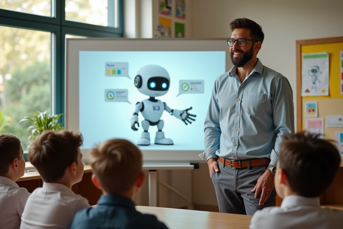 Professeur guidant des enfants autour d’un tableau interactif AI