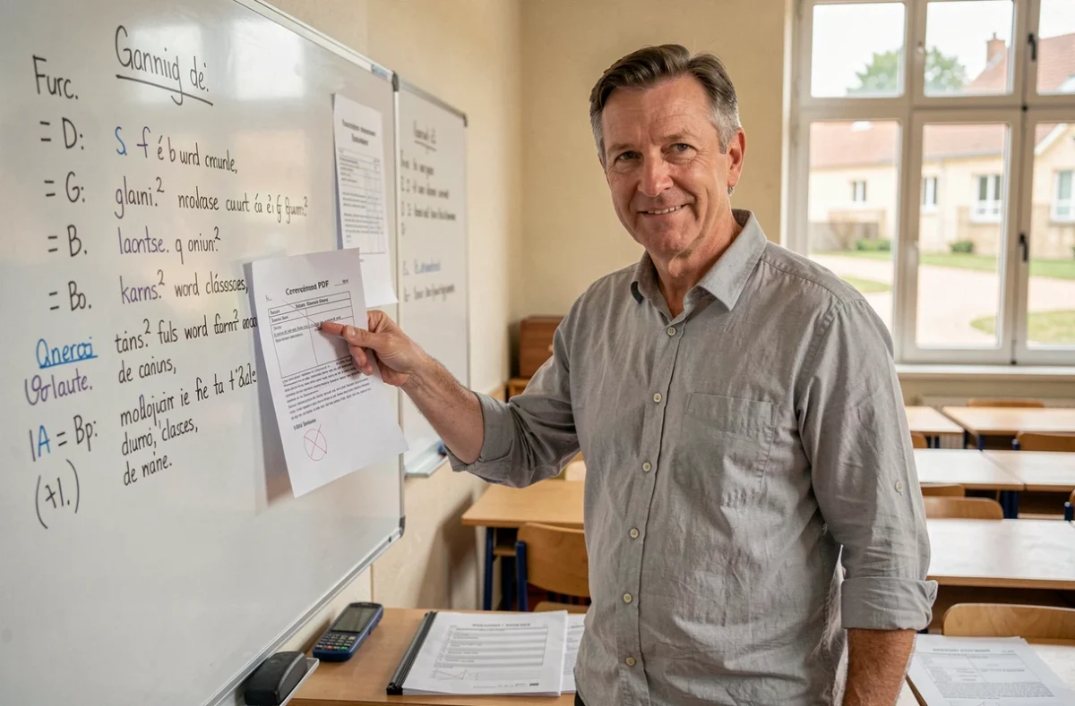 Enseignant présentant des exercices corrigés sur les classes grammaticales imprimés en PDF dans une salle de classe