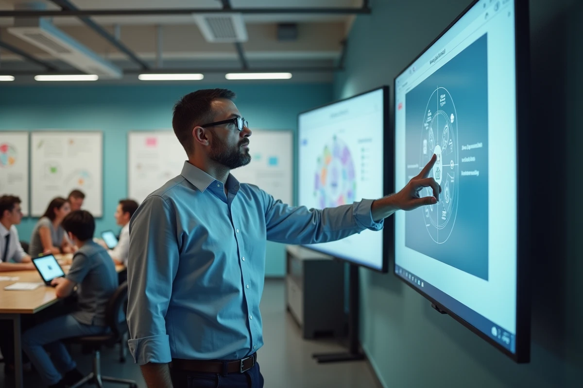 Enseignant utilisant un écran interactif dans une salle de classe