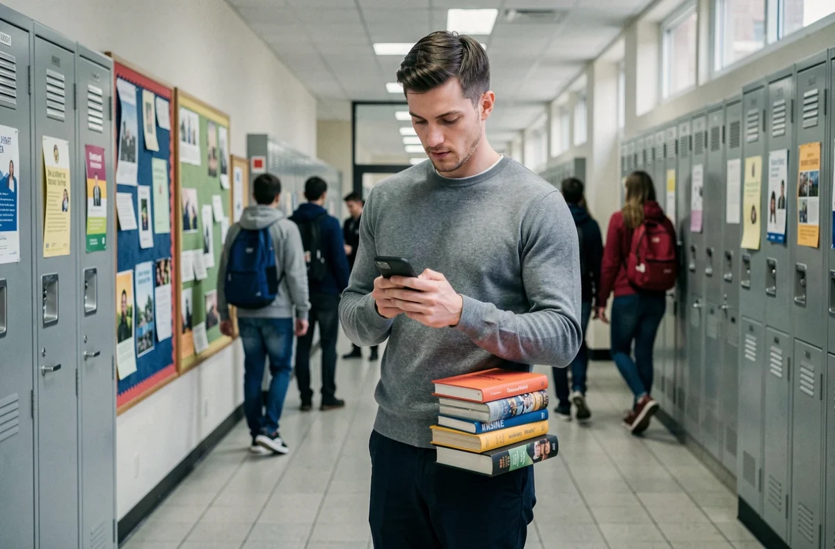 Enseignant utilisant iProf Dijon sur son téléphone dans un couloir d'établissement scolaire