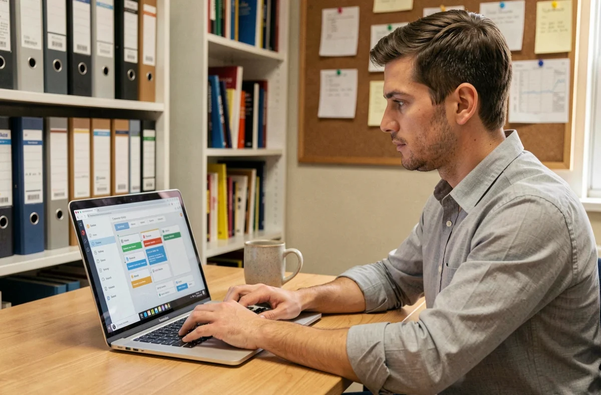 Jeune enseignant préparant ses cours sur la plateforme numérique Classe Uliss depuis la salle des professeurs avec un ordinateur portable