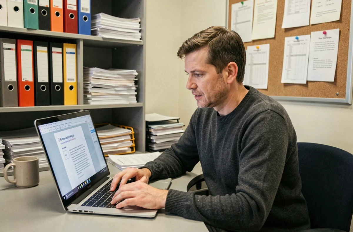 Enseignant préparant un PDF de texte de fluence CE1 sur ordinateur portable dans une salle des maîtres