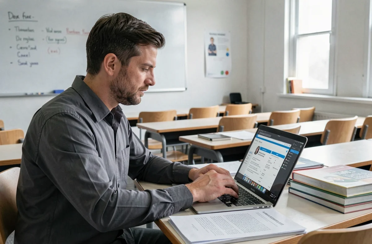 Enseignant vérifiant les notifications de vie scolaire sur son ordinateur en salle de classe
