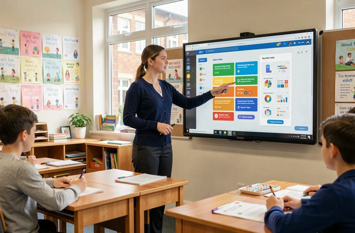 Enseignante débutante utilisant un tableau numérique interactif avec la plateforme Classe Uliss devant ses élèves dans une salle de classe moderne
