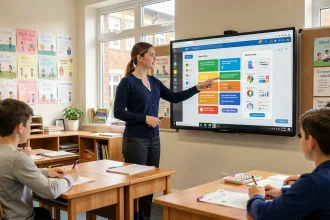Enseignante débutante utilisant un tableau numérique interactif avec la plateforme Classe Uliss devant ses élèves dans une salle de classe moderne