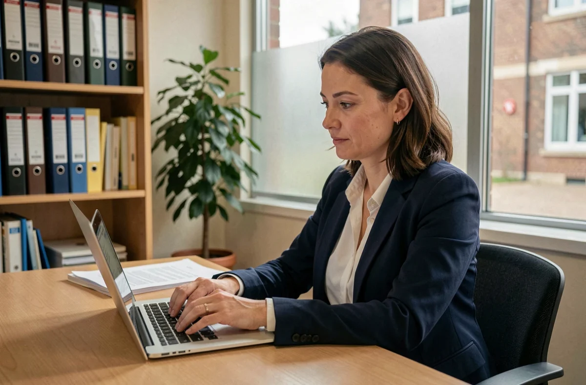 Enseignante consultant sa carrière sur la plateforme iProf Dijon dans un bureau scolaire