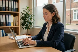 Enseignante consultant sa carrière sur la plateforme iProf Dijon dans un bureau scolaire