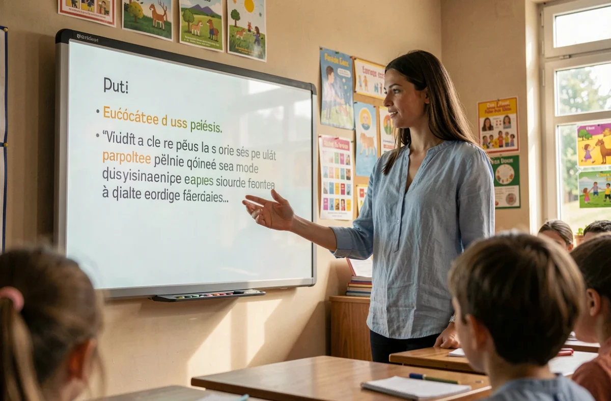 Enseignante de CE1 présentant un texte de fluence projeté au tableau interactif dans une salle de classe primaire