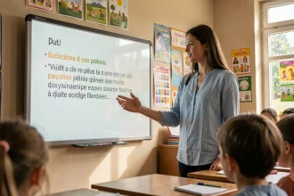Enseignante de CE1 présentant un texte de fluence projeté au tableau interactif dans une salle de classe primaire