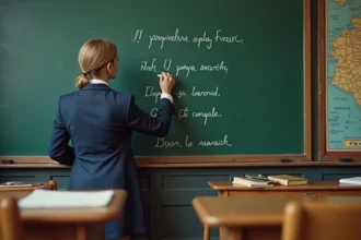 Enseignante écrivant des conjugaisons de verbes du deuxième groupe au tableau dans une salle de classe