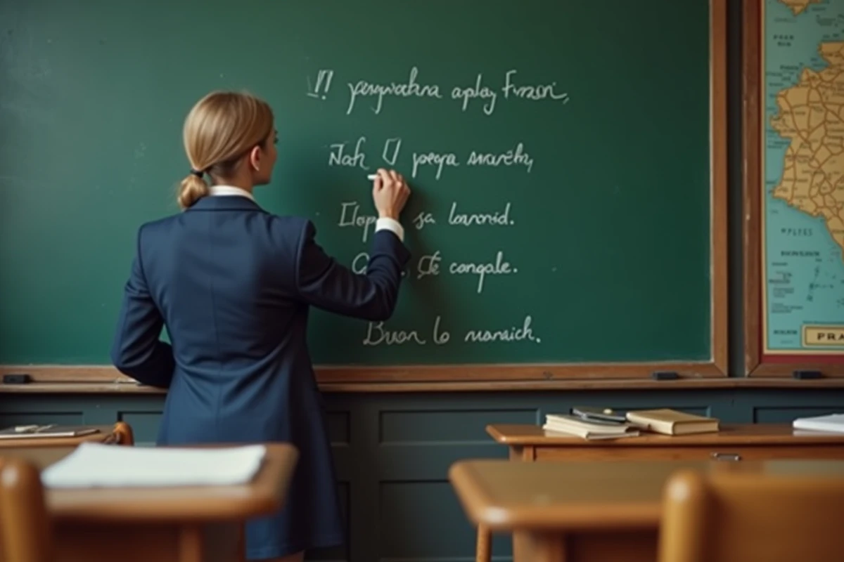 Enseignante écrivant des conjugaisons de verbes du deuxième groupe au tableau dans une salle de classe