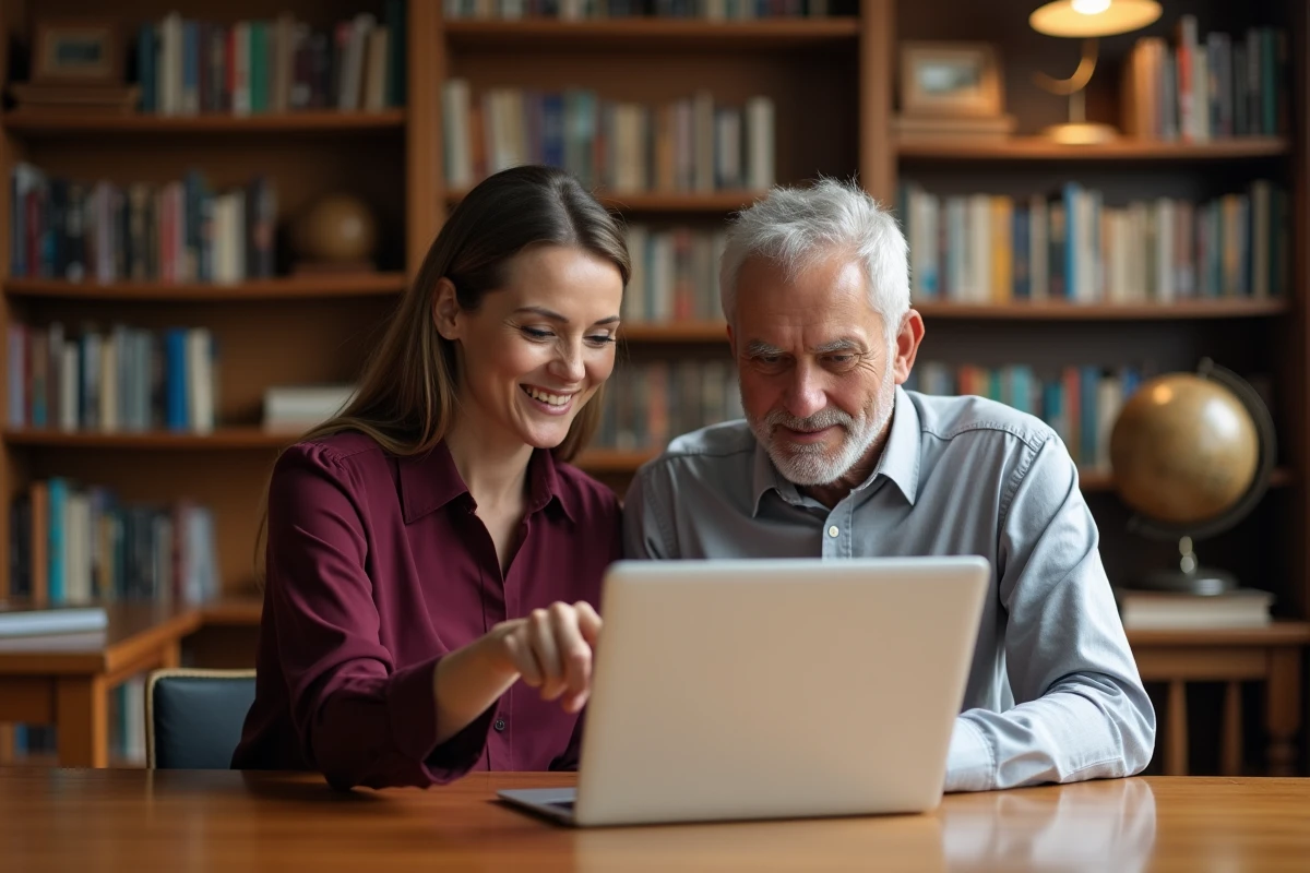 Deux professeurs de lycée collaborant sur la plateforme ENT pour consulter les notes et emplois du temps