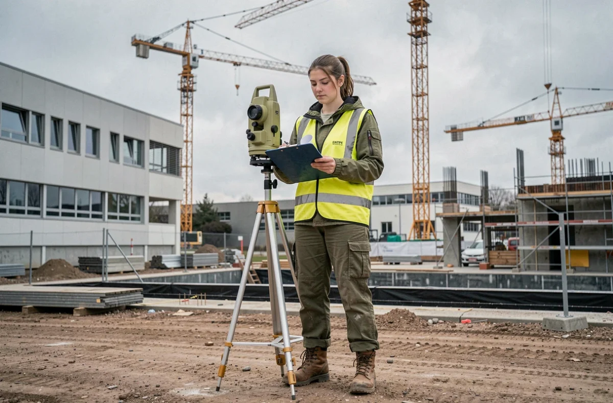 Étudiante de l'ENTPE en stage sur chantier de génie civil à Vaulx-en-Velin, école nationale des travaux publics de l'État