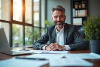 Entrepreneur confiant au bureau avec documents et ordinateur