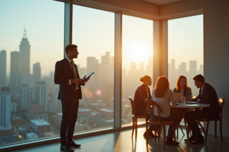 Entrepreneur confiant dans un bureau moderne avec vue sur la ville