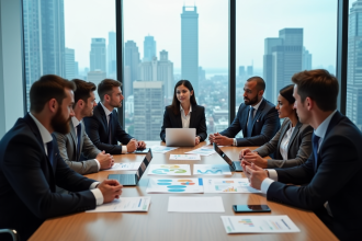 Groupe de professionnels en réunion dans un bureau moderne