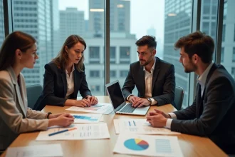 Groupe de quatre professionnels en réunion moderne