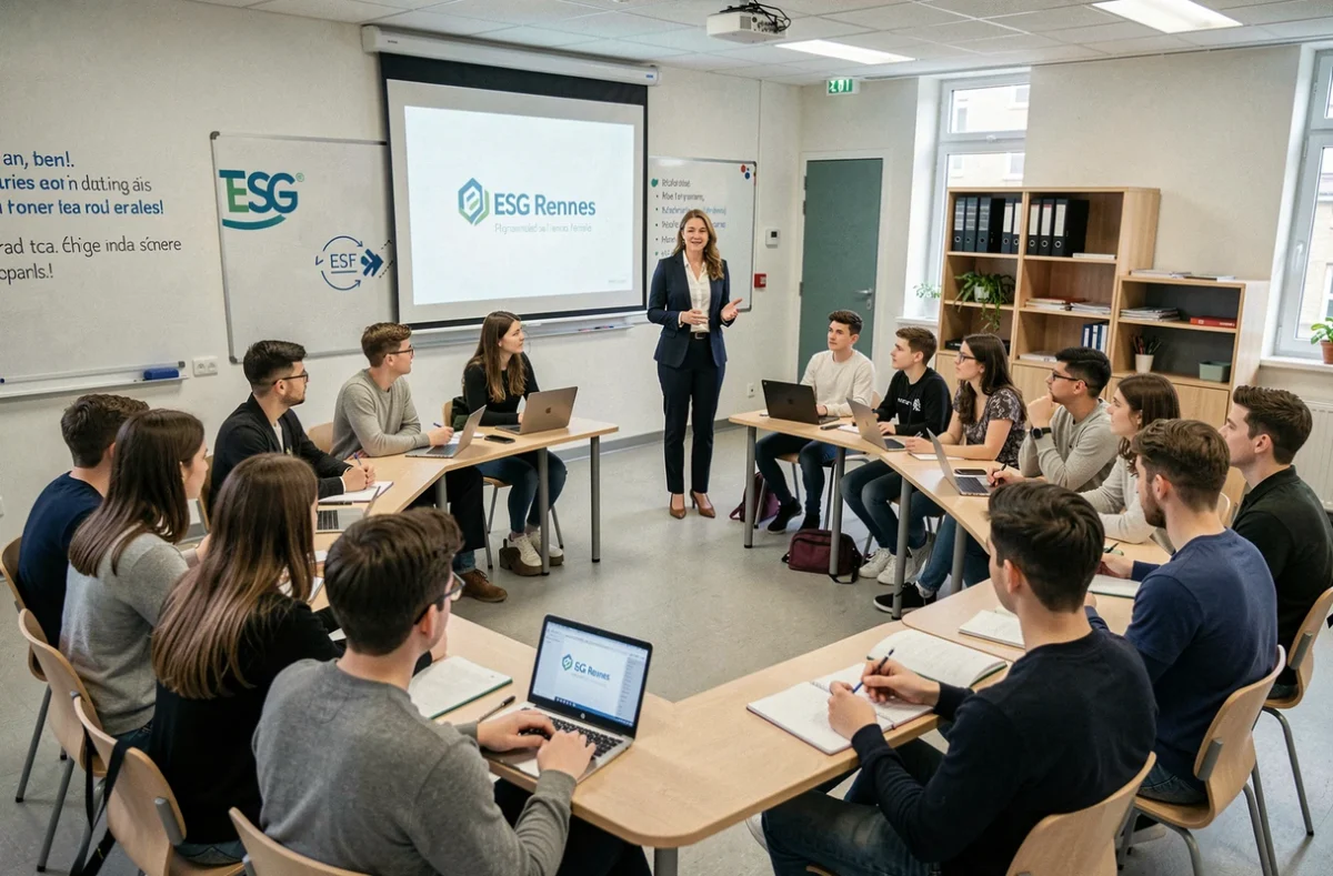 Conférence professionnelle à l'ESG Rennes avec une intervenante face à des étudiants en formation