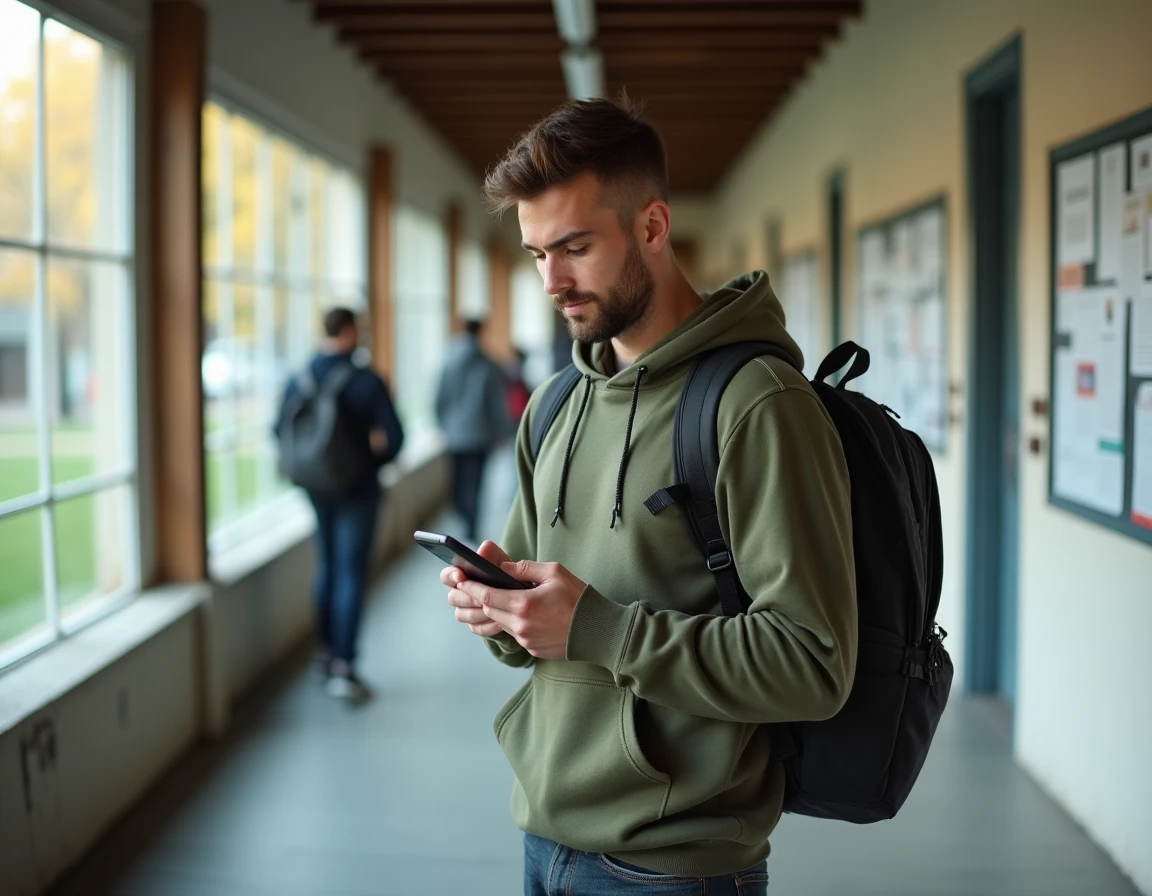 Étudiant consultant l'application LEO UGA sur smartphone dans un couloir universitaire