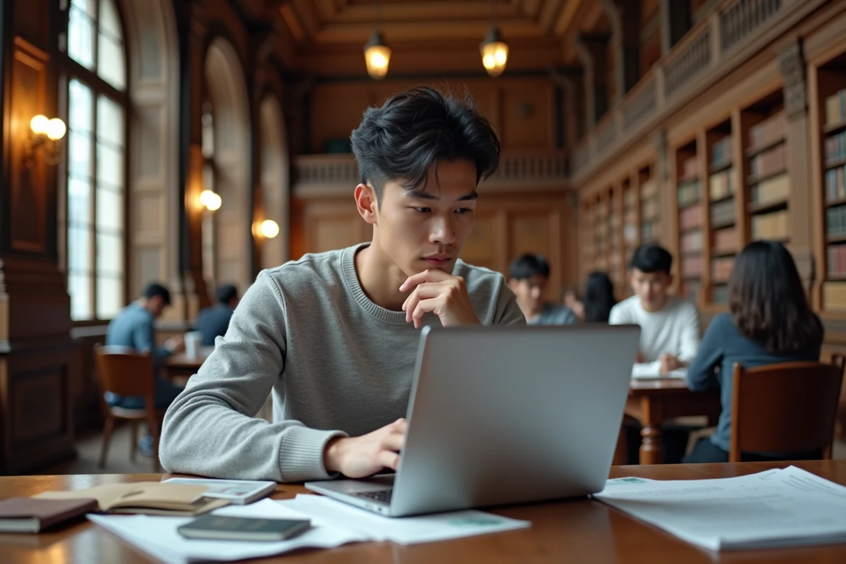 Étudiant international comparant des universités mondiales sur un ordinateur portable dans une grande bibliothèque universitaire
