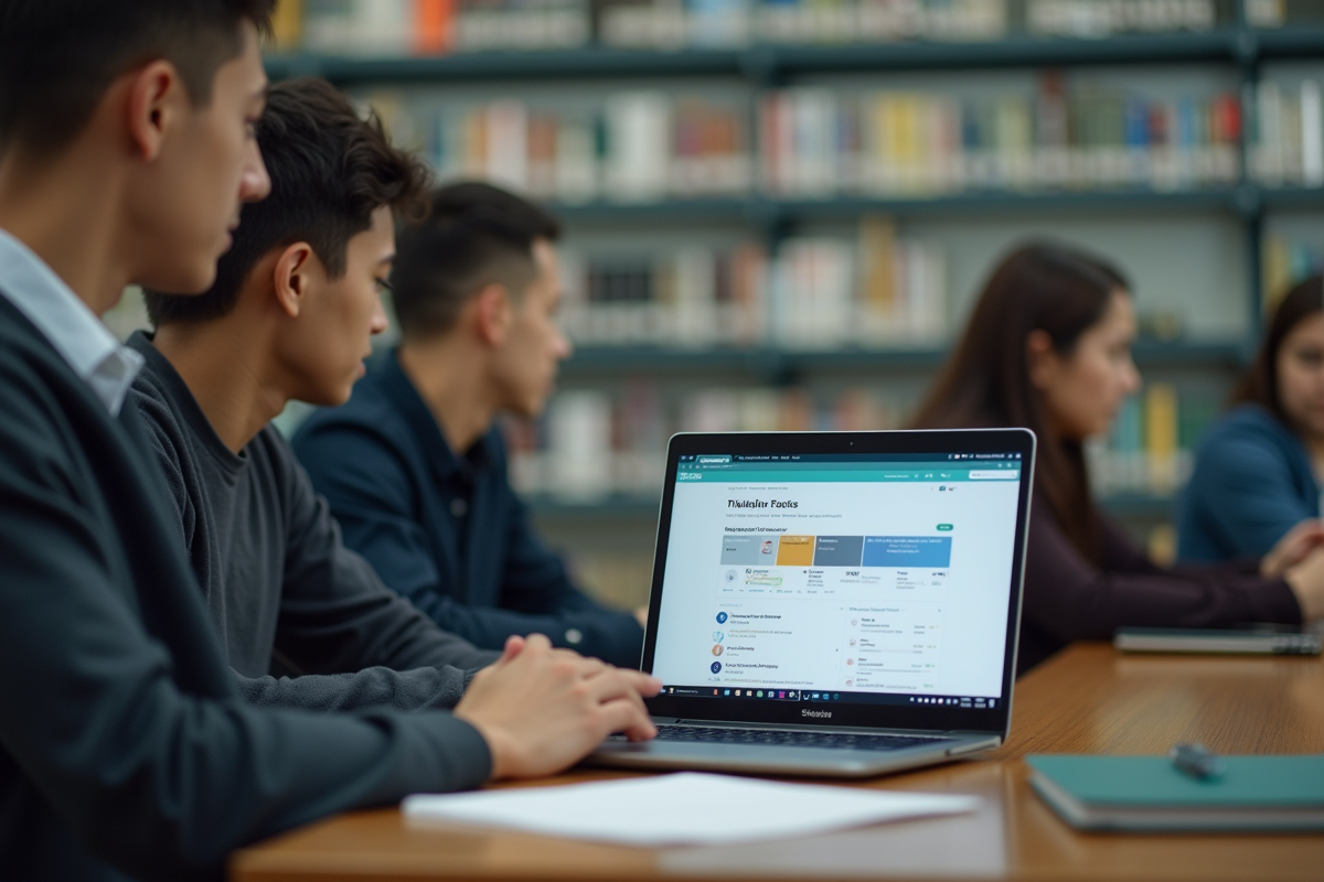 Étudiant seul travaillant à la bibliothèque avec Moodle ouvert