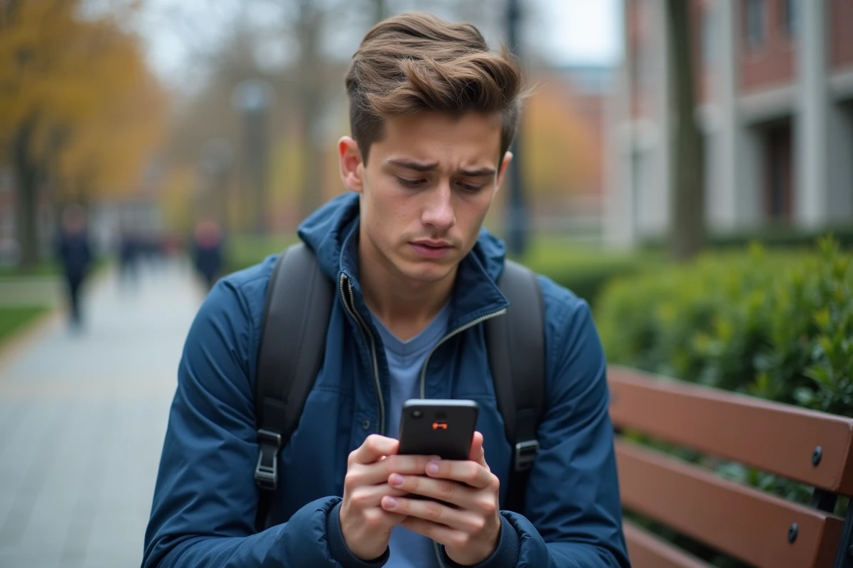 Étudiant sur un campus consultant son téléphone pour récupérer l'accès à son compte mycampus eduservices
