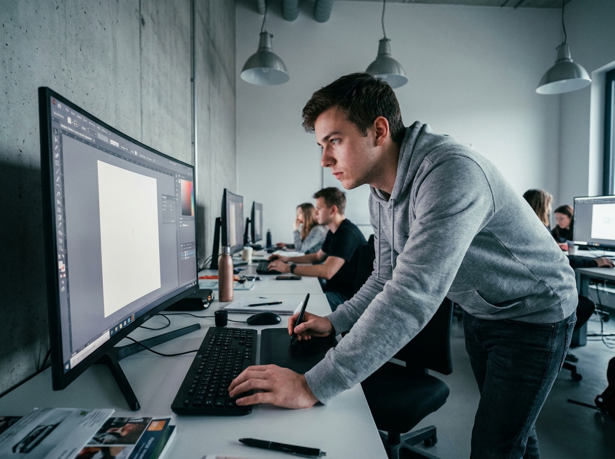 Étudiant en design graphique travaillant sur tablette graphique dans un studio numérique, représentant les débouchés artistiques après le baccalauréat
