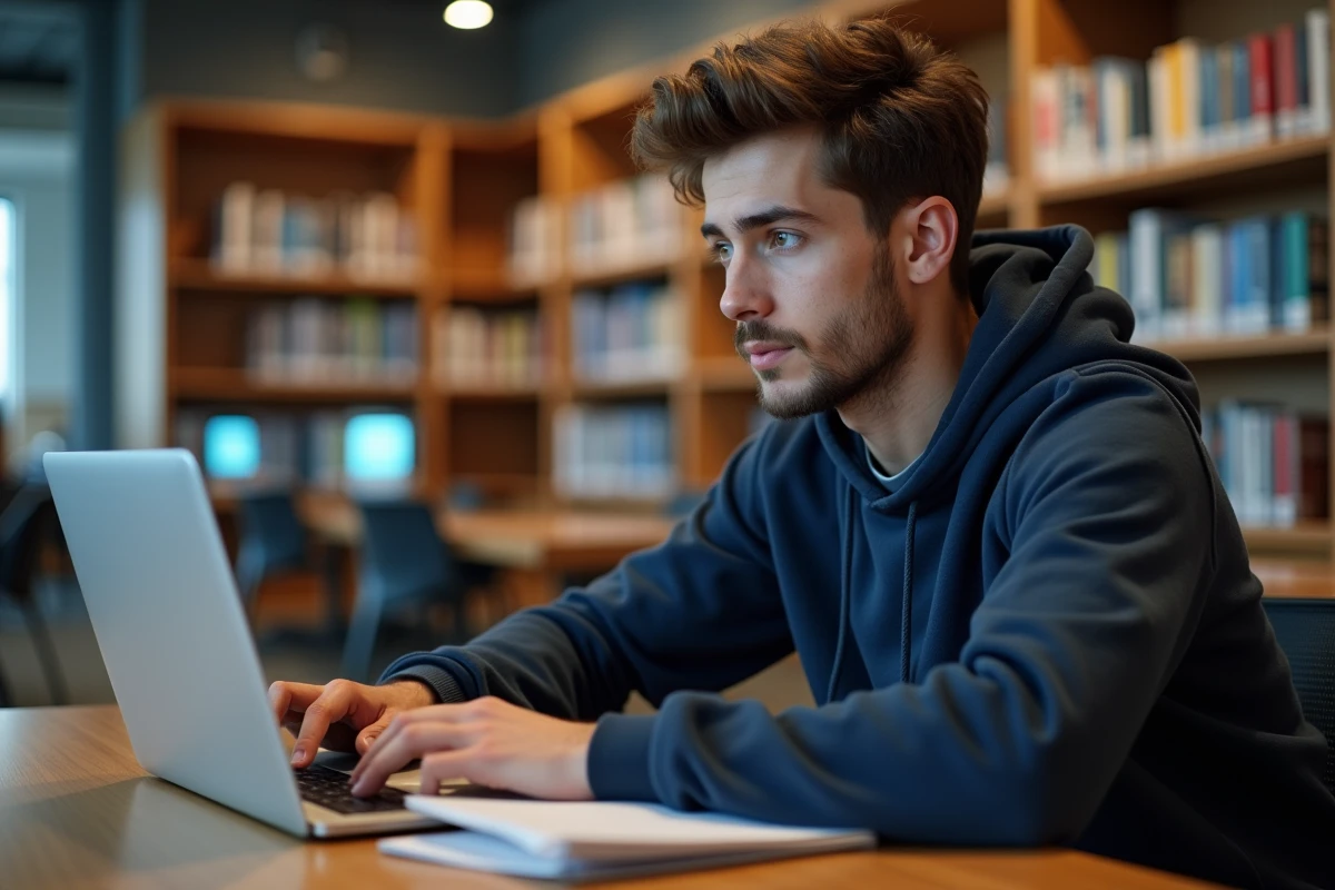 Étudiant découvrant l'ENT de Sigma Clermont sur son ordinateur portable en bibliothèque universitaire