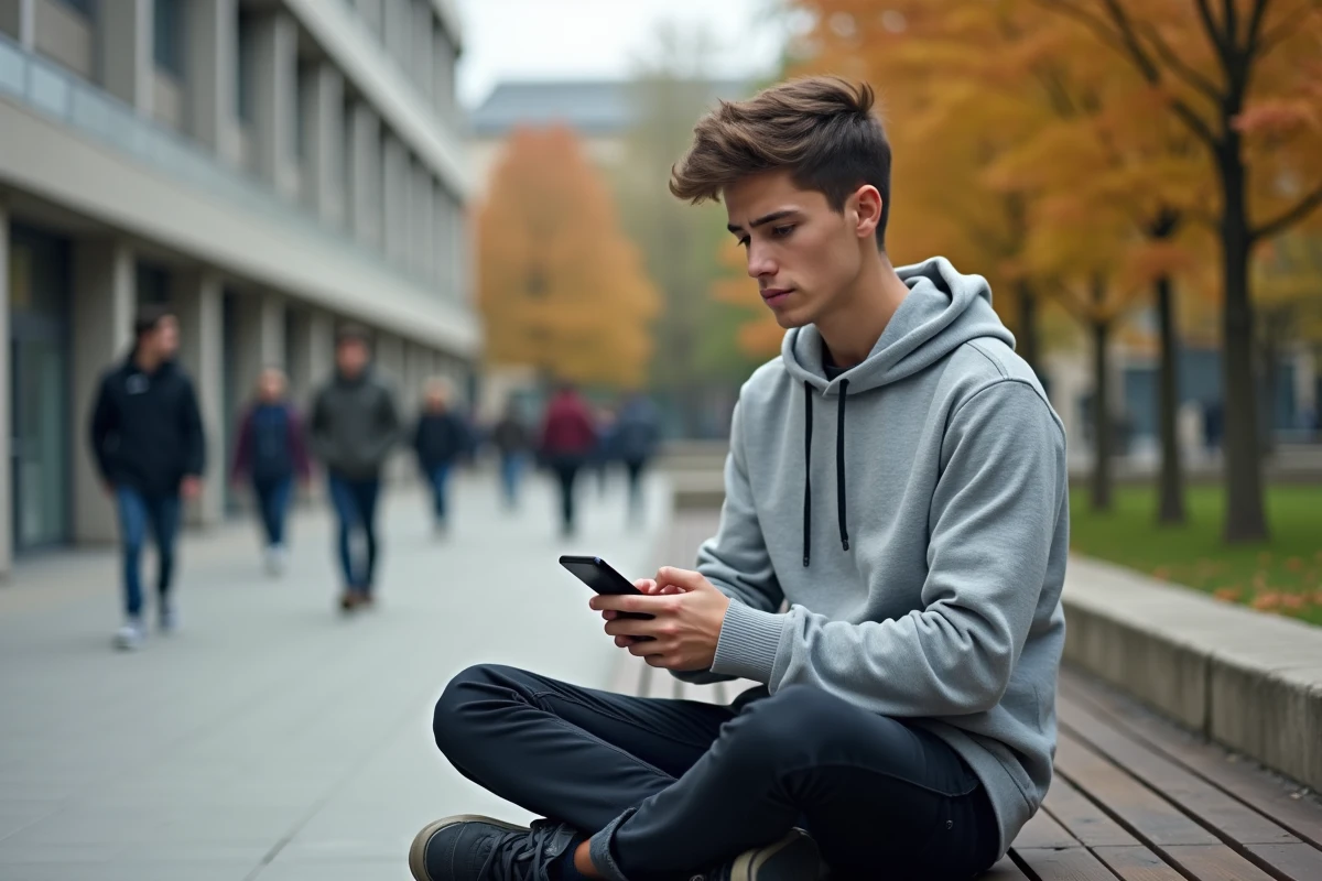 Étudiant consultant son smartphone avec une erreur de connexion à l'ENT universitaire en extérieur sur le campus de Nanterre