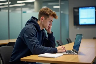 Jeune homme étudiant concentré sur son ordinateur dans un espace universitaire