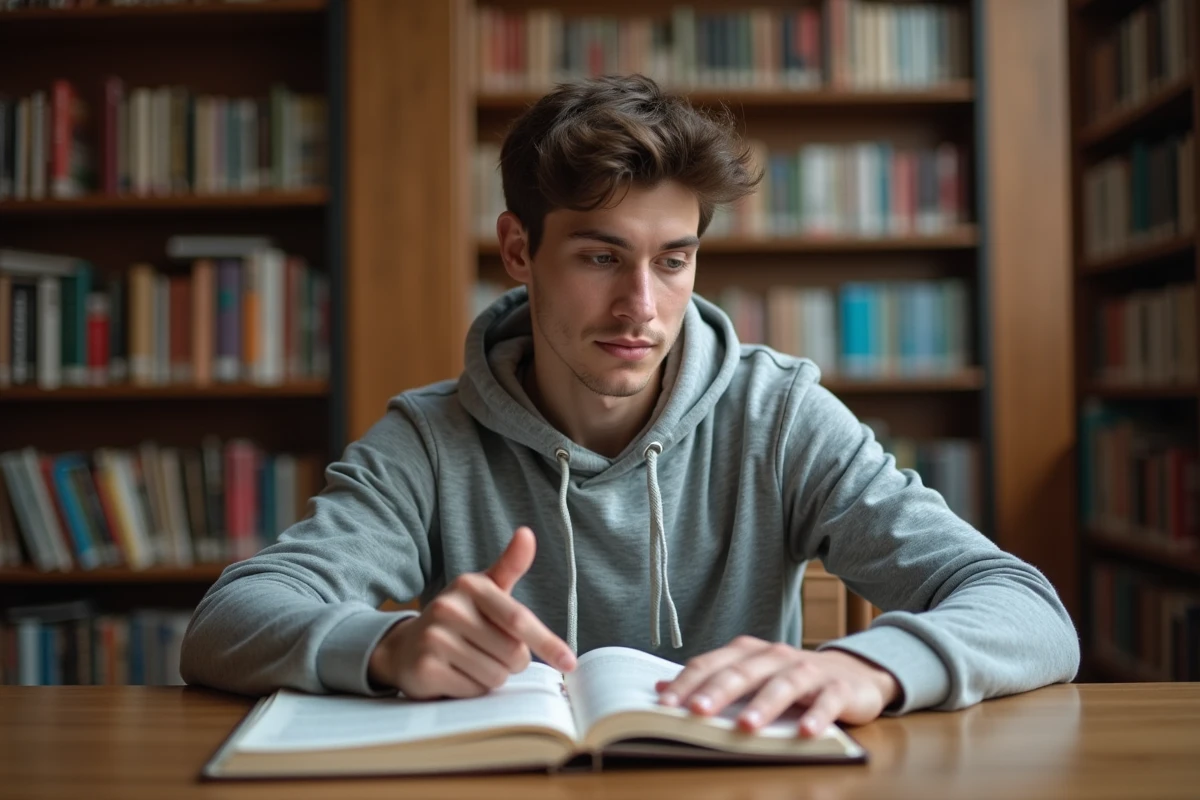 Étudiant consultant un manuel de grammaire française sur les verbes du deuxième groupe en bibliothèque
