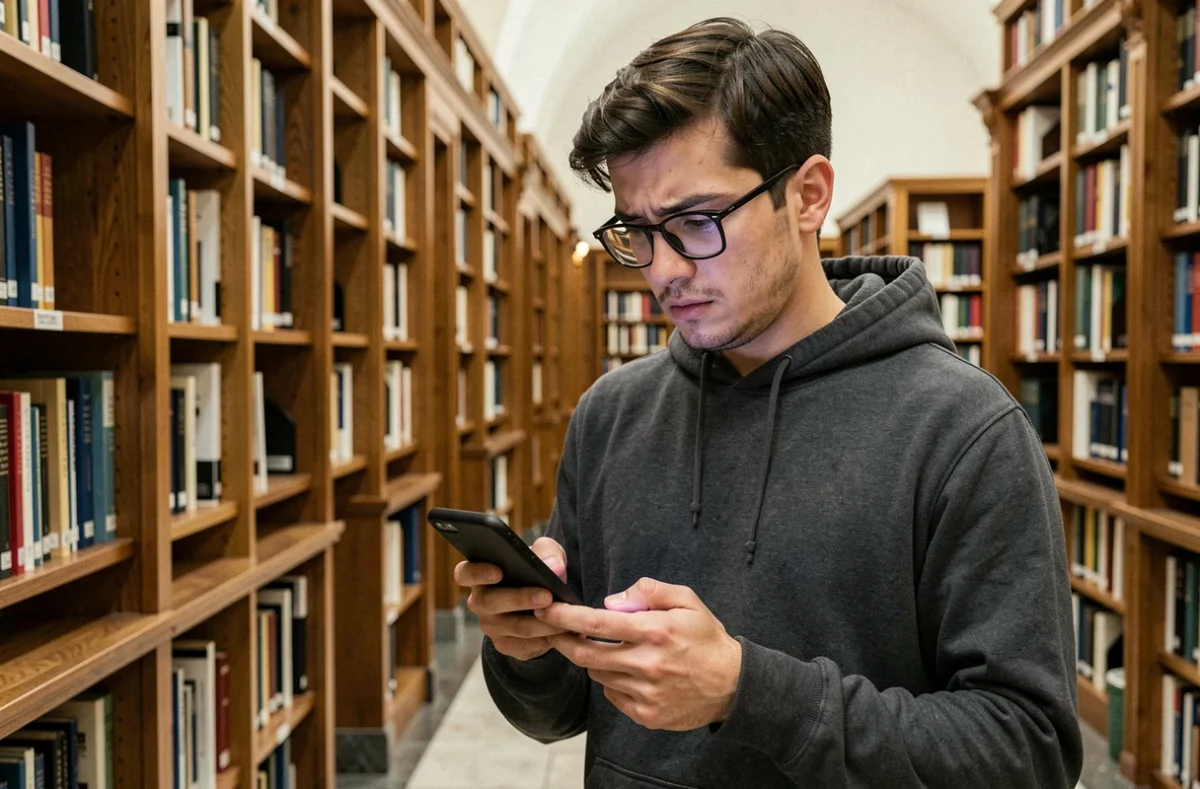 Étudiant consultant une notification de sécurité sur son téléphone dans une bibliothèque universitaire de Strasbourg