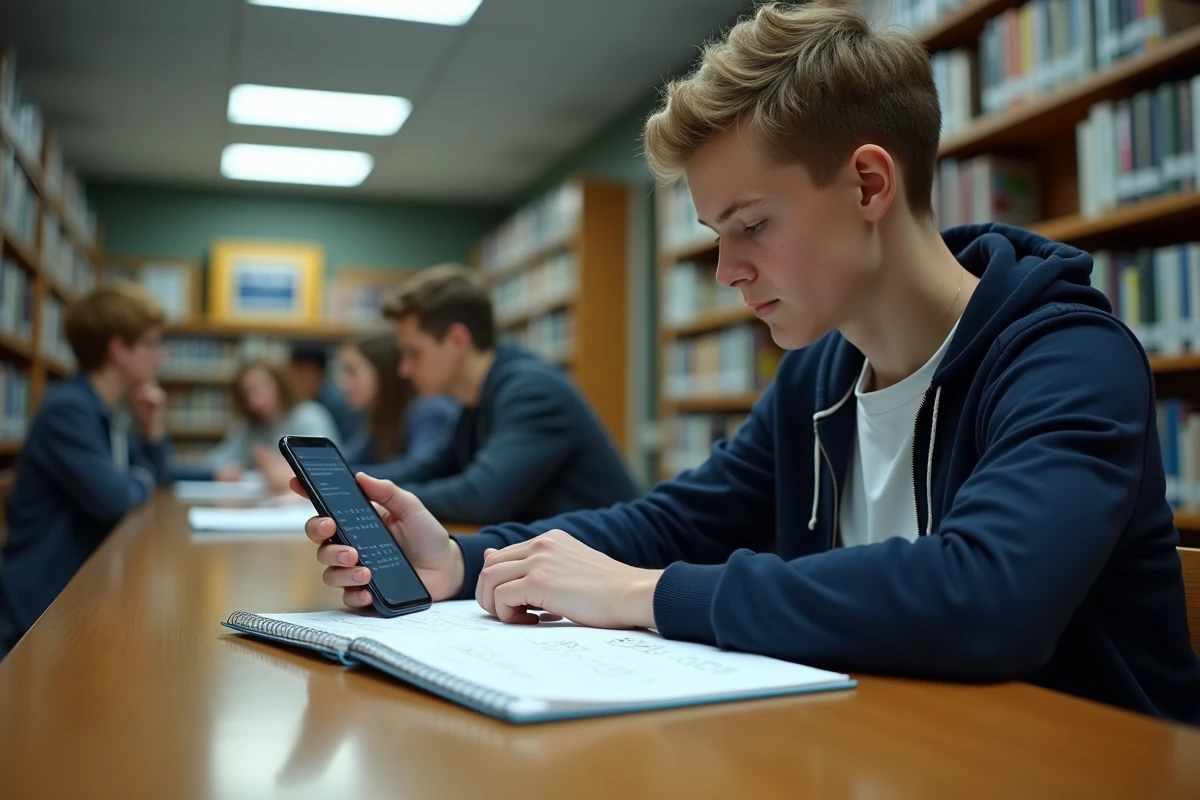 Étudiant en terminale calculant sa moyenne coefficient Bac dans une bibliothèque scolaire
