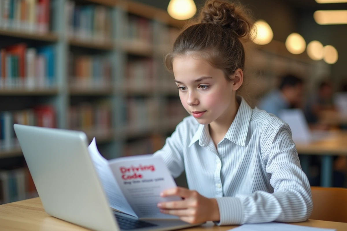 Adolescente étudiant le code de la route avec un livre et un ordinateur portable en bibliothèque