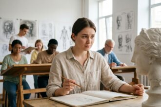 Étudiante en cours de dessin dans une école d'art entourée de camarades autour d'une table de travail avec esquisses au mur